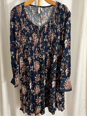 sahalie Navy Floral Long-Sleeve Pleated Tunic Dress boho , medium